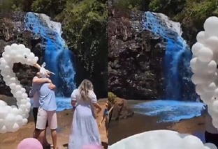 Cachoeira é tingida de azul durante chá revelação em Mato Grosso